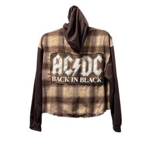 AC DC Back in Black Plaid Hoodie flannel up cycle crop pilling raw hem